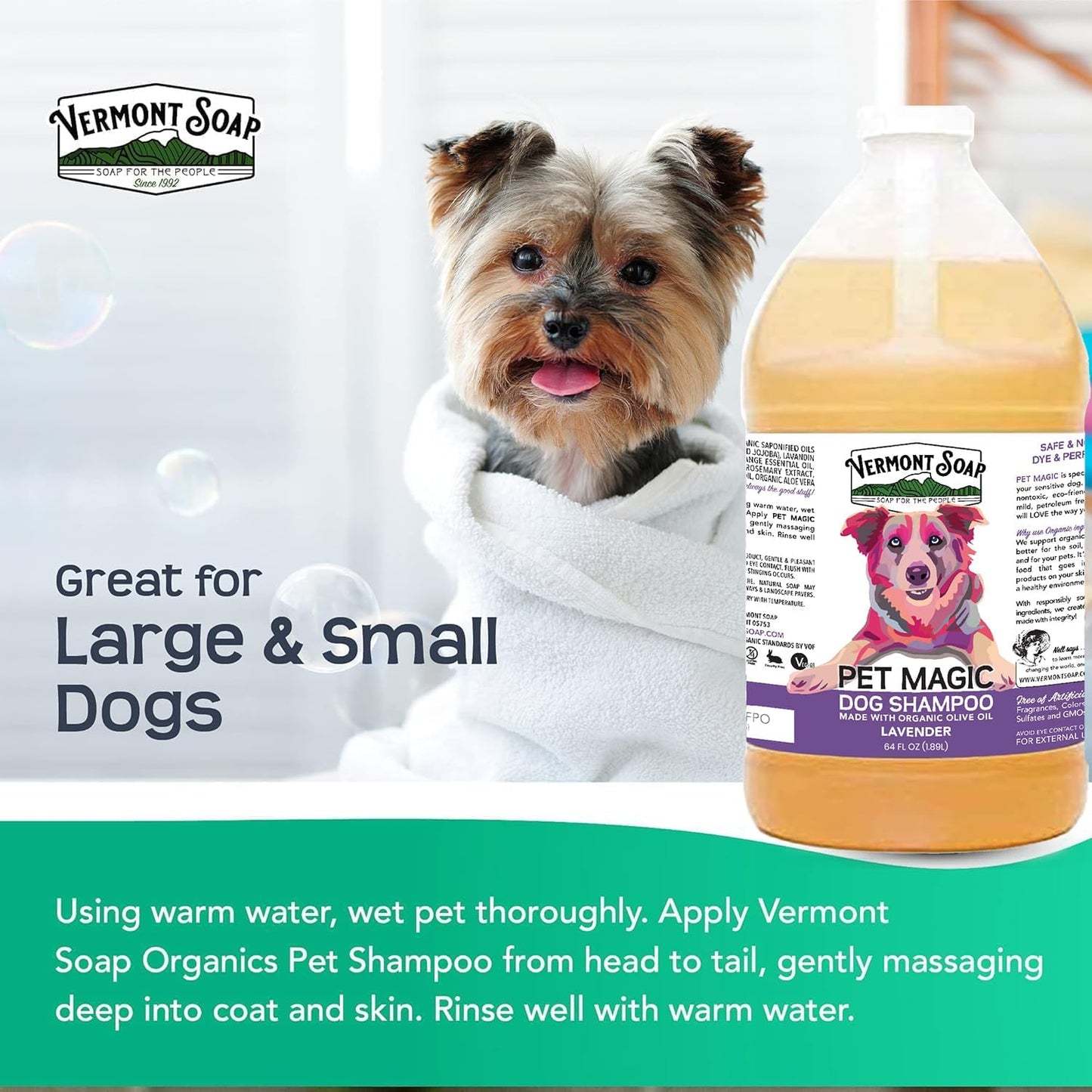 VERMONT SOAP Organics Pet Shampoo - Infused with Organic & Natural Olive Oil, Coconut & Aloe Vera Dog Shampoo for Sensitive Skin - USDA Certified Grooming, Lavender (64oz)
