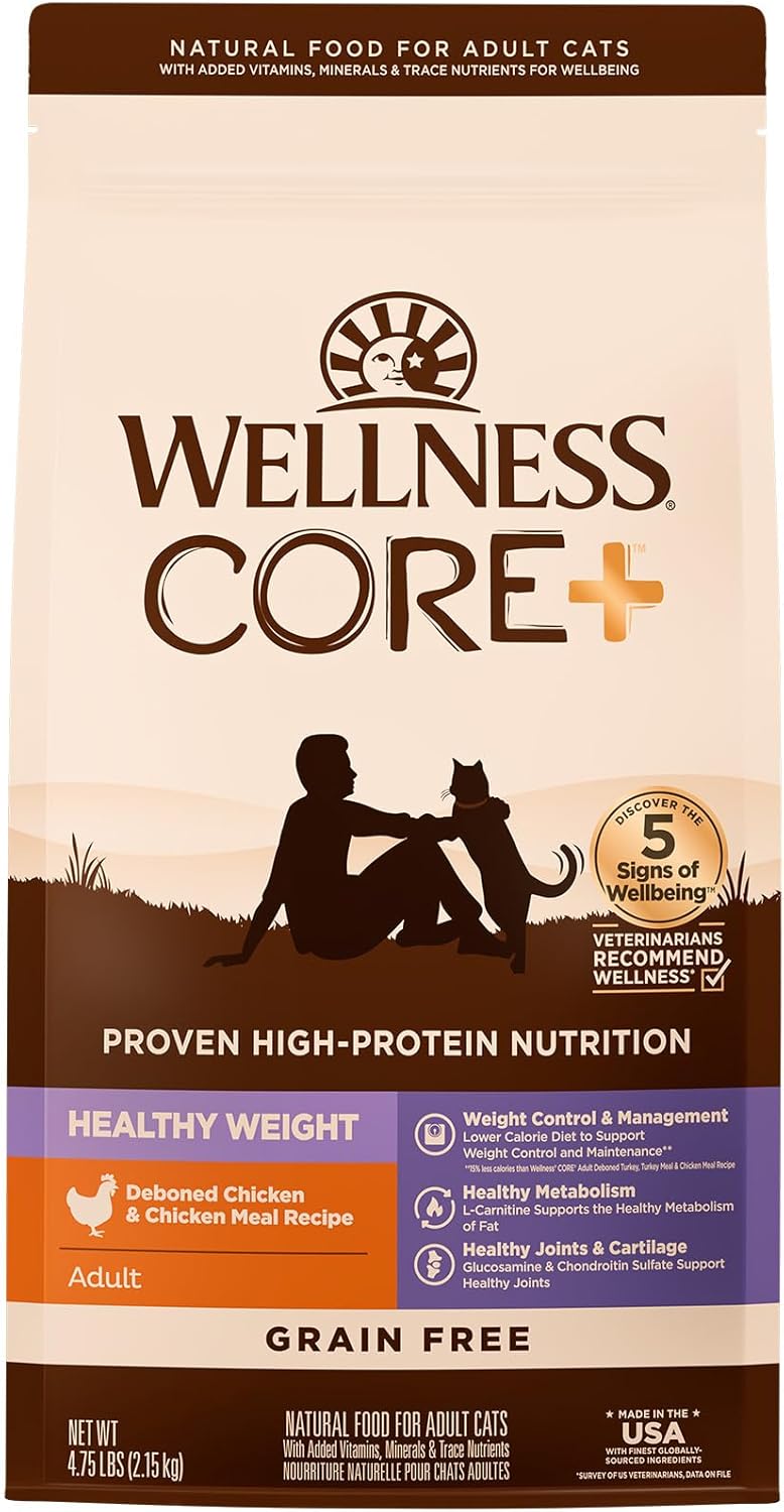 Wellness CORE+ Adult Dry Cat Food for Indoor & Outdoor Cats, Grain Free, Natural, Healthy Weight, Chicken and Chicken Meal (4.75 Pound Bag)