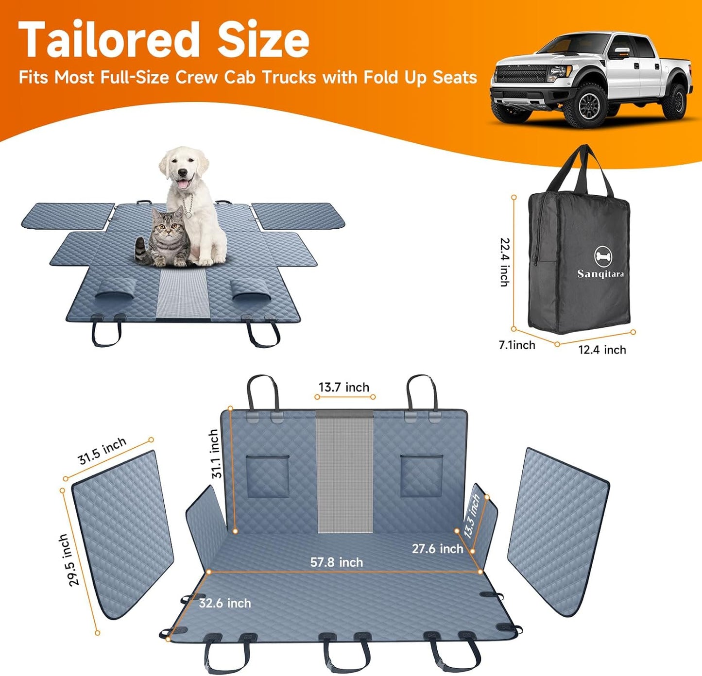 XL Dog Truck Seat Cover with Car Door Protector - Waterproof Full Coverage Back Seat Cover for Trucks with Flip-Up Rear Seats, Fits Full-Size Crew Cab Models Like F150 & F250