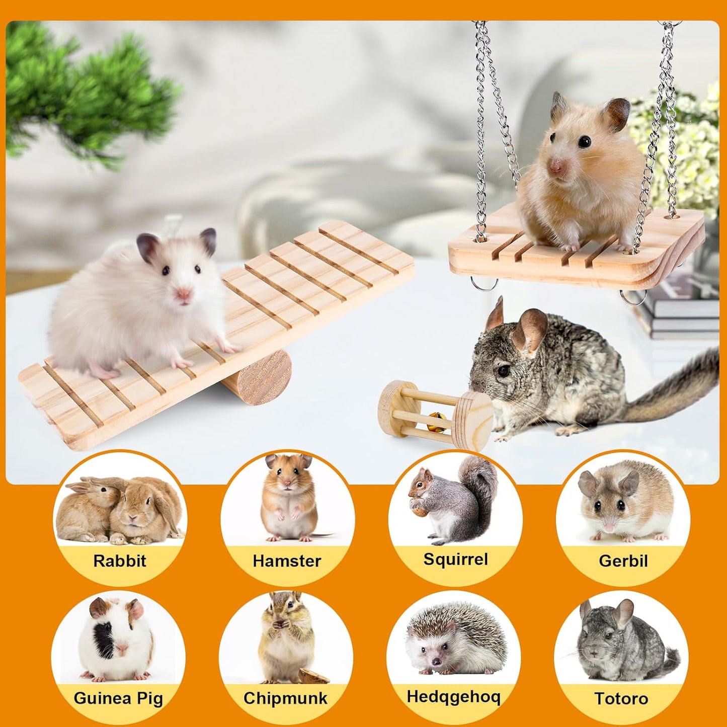 VESPRO Hamster Toys Set, Guinea Pig Toys Small Animal Chewing Toy and Rat Cage Accessories, Chinchillas, Gerbils, Rats, Rabbit Rodents Teeth Care, Apple Wood Timothy Hay Mouse Toy Swing Seesaw Bridge