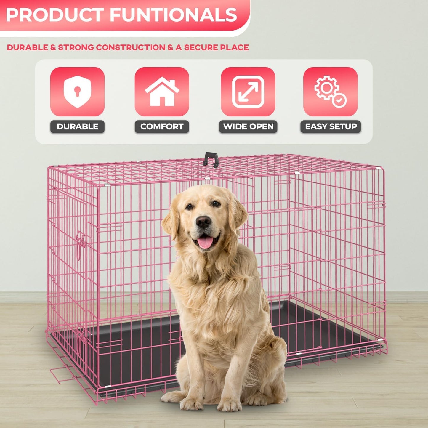 FDW Dog Crate for Large Dogs 48 Inch Folding Metal WirePet Cage Double Door W/Divider Panel Indoor Outdoor Kennel Leak-Proof Plastic Tray,Pink