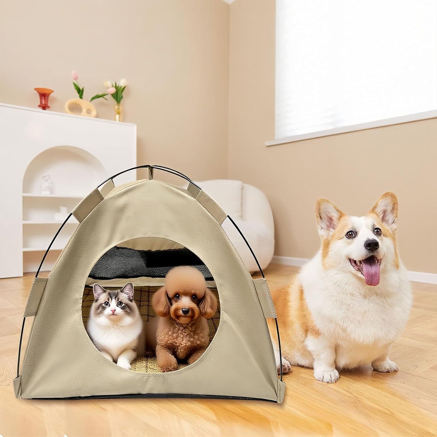 BreezyDen Pop-Up Pet Tent – Portable Hideaway for Cats & Small Dogs, Portable Indoor/Outdoor Pet Tent House with Mesh Window, Waterproof, Breathable, Scratch-Resistant, Fully Washable (Gray,L)
