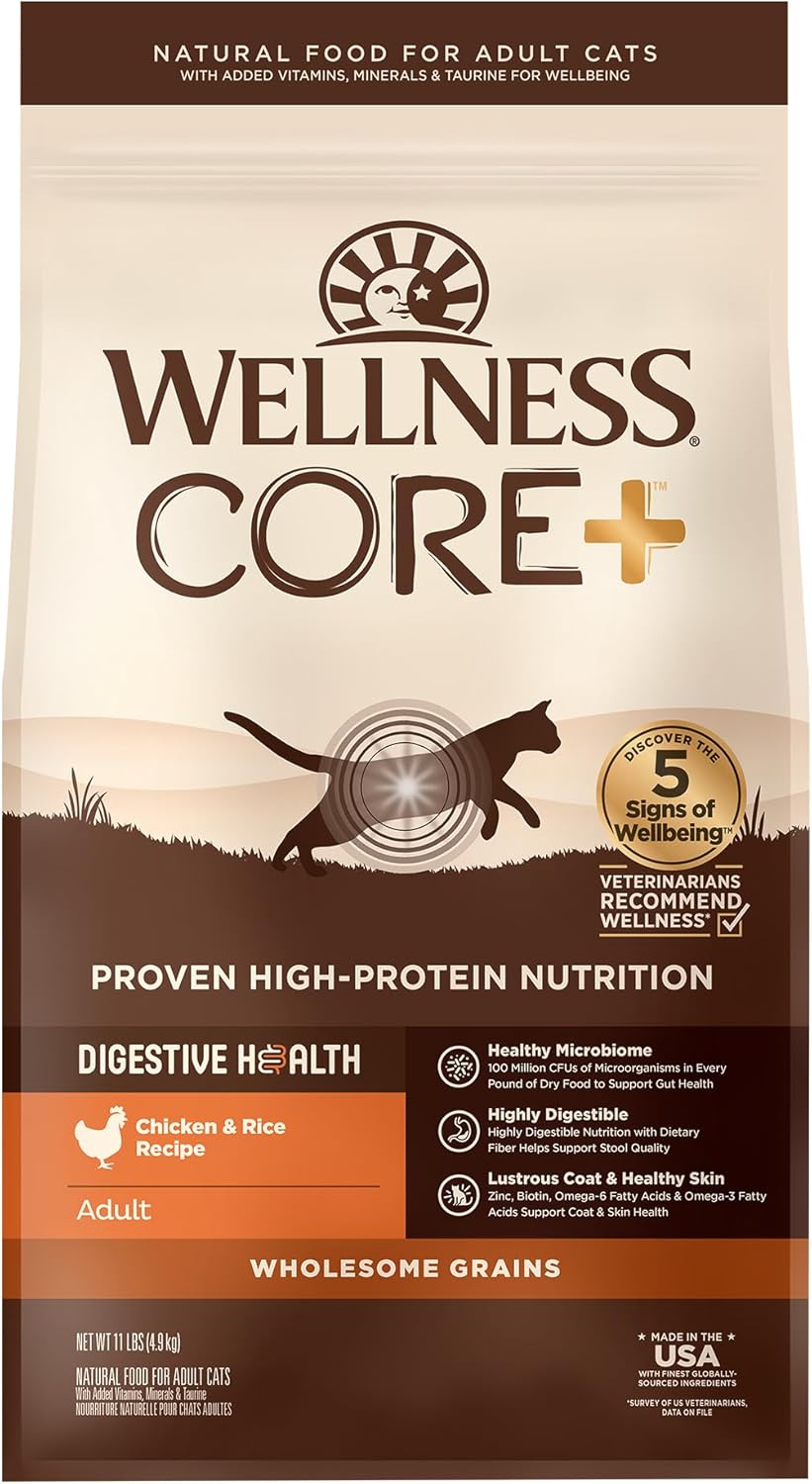 Wellness CORE+ Adult Dry Cat Food for Indoor and Outdoor Cats, Wholesome Grains, Natural, Digestive Health Chicken & Rice (11 Pound Bag)