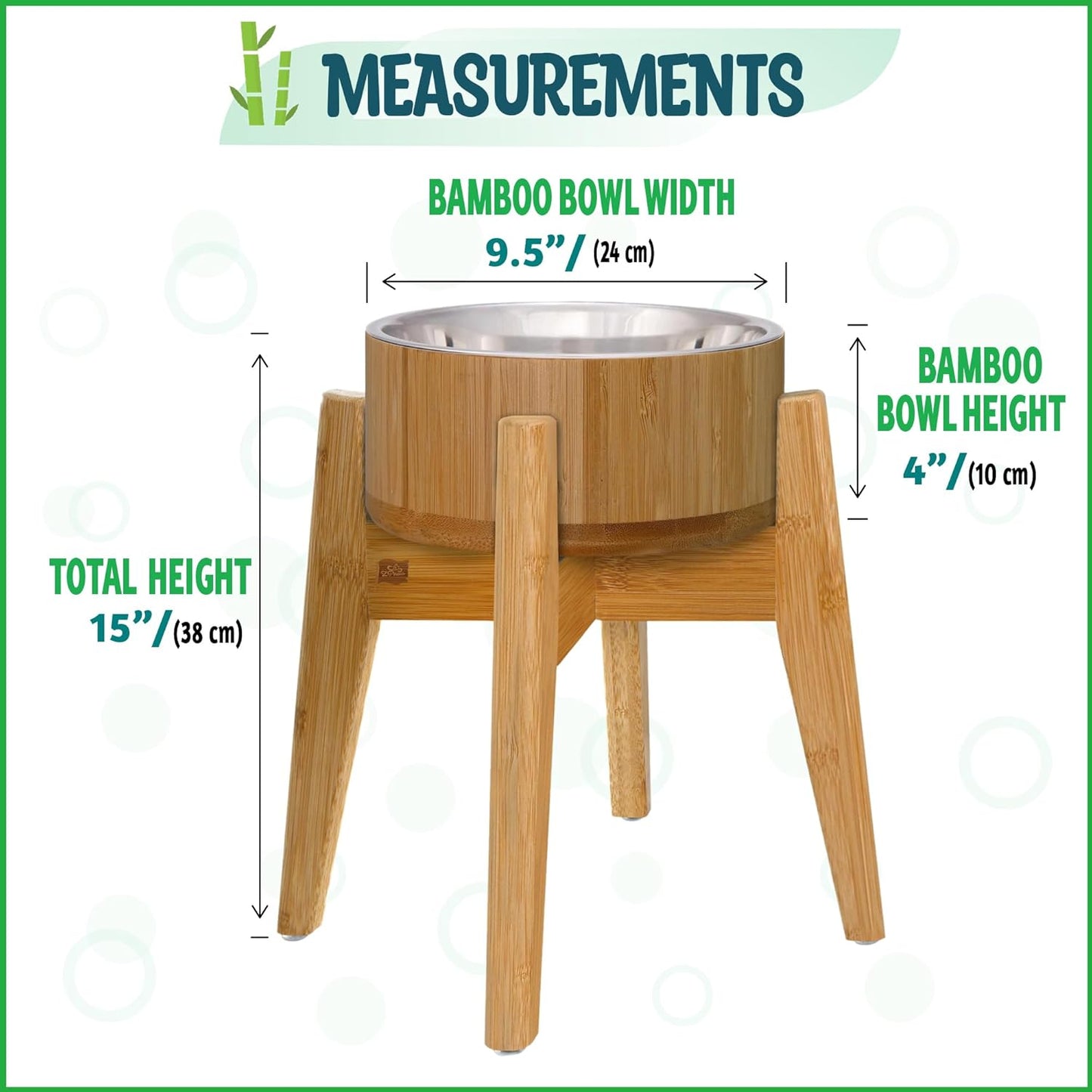 Elevated Dog Bowls for Large Breed - (15-Inch Tall, 74-oz Cap), Deter Ants and Bugs - Raised Single Feeder, Suitable for Dry and Wet Pet Foods - Bamboo with Stainless Steel Dish