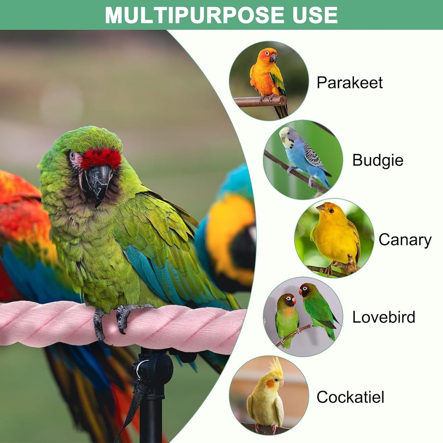 1-Pack Rope Perches for Bird Cages, 31.5 in Length Comfort Grip Flexible Rope Perch Beak & Paw Grinding for Parrots/Cockatiels/Parakeets, Bird Platform Sand [Pink]