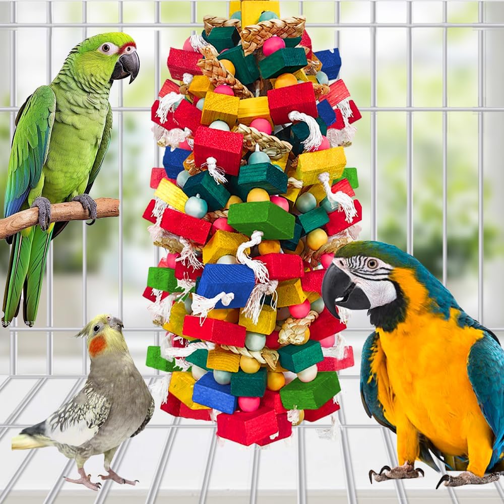 Extra Large Bird Toys for Macaws Cockatoos Amazons Chew - Natural Wood Parrot Chewing Toy with Foraging, Bird Cage Activity Center