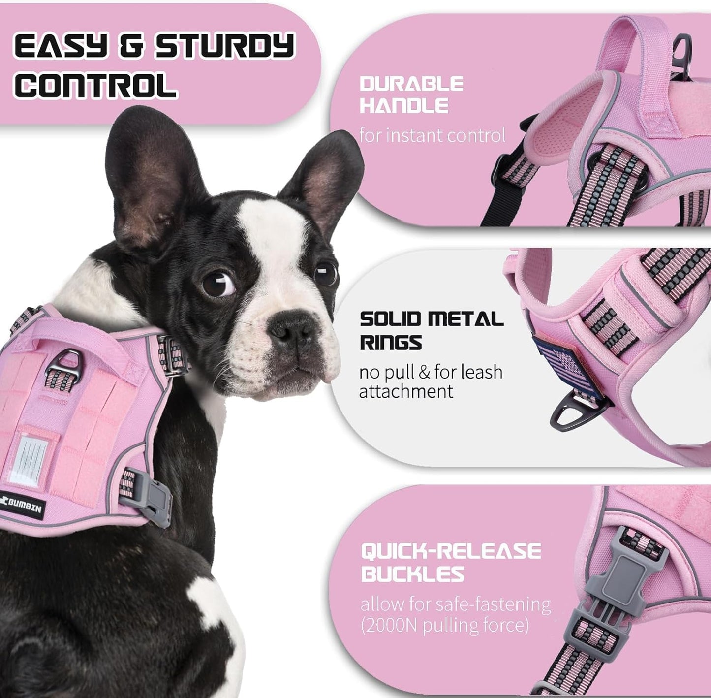BUMBIN Tactical Dog Harness for Large Dogs No Pull, Famous TIK Tok No Pull Puppy Harness, Fit Smart Reflective Pet Walking Harness for Training, Adjustable Dog Vest Harness with Handle Pink L