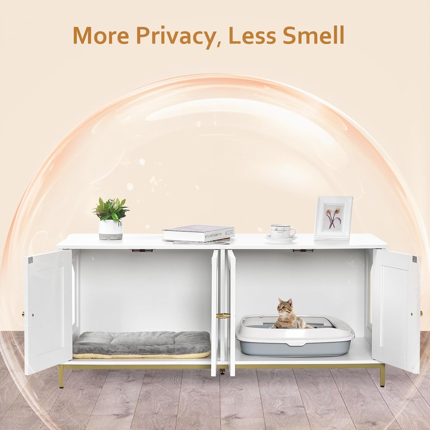 Homhedy Cat Litter Box Enclosure for 2 Cats, Cat Washroom Furniture with Double Room, Pet House with Metal Frame, 47.2”L x 17.7”W x 21.7”H, White and Gold
