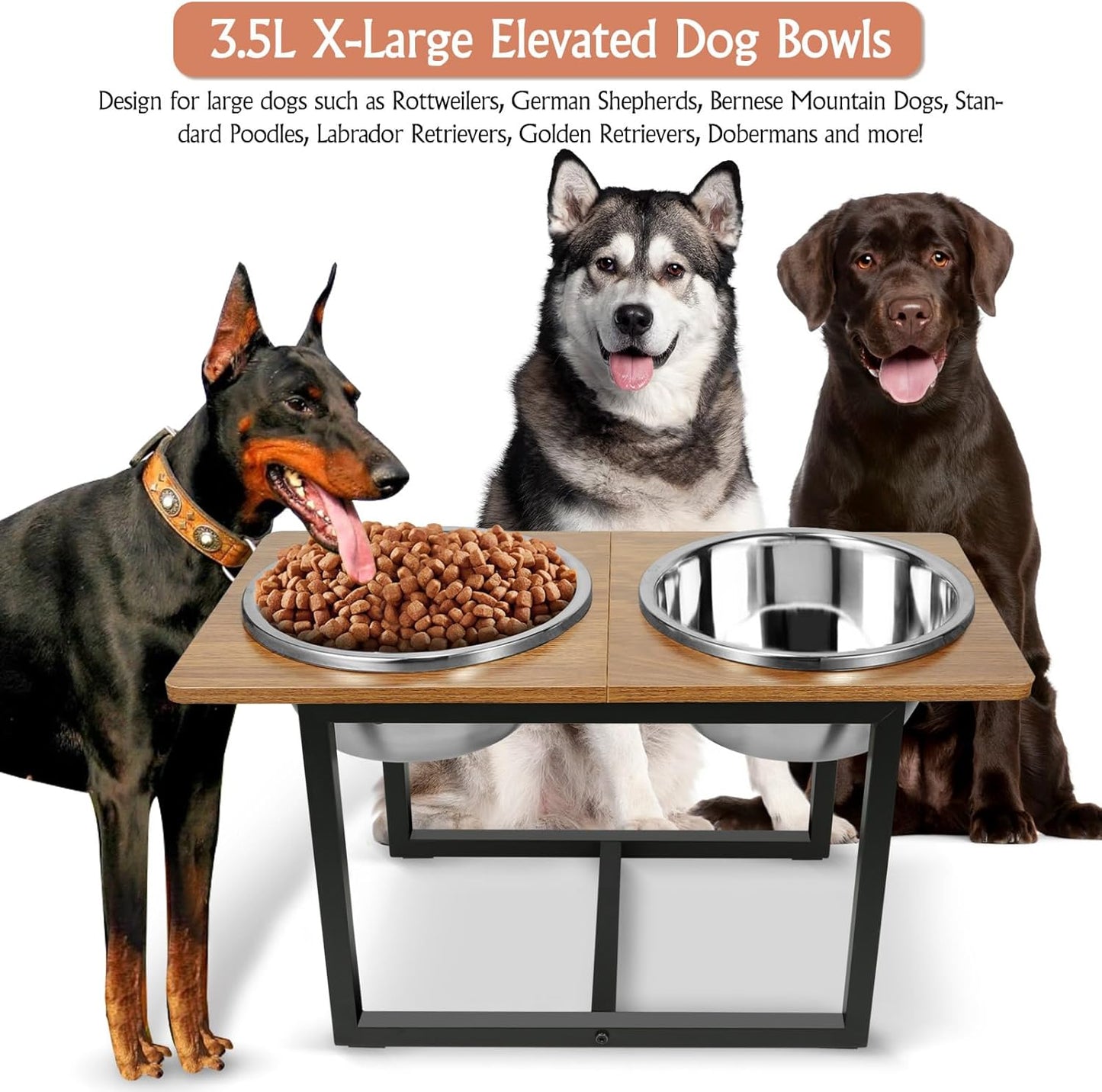 Elevated Dog Bowls for Large Dogs, Raised Dog Bowl Stand with Two X-Large Stainless Steel Bowls for Dogs, 3.5L Capacity, Rustic Walnut