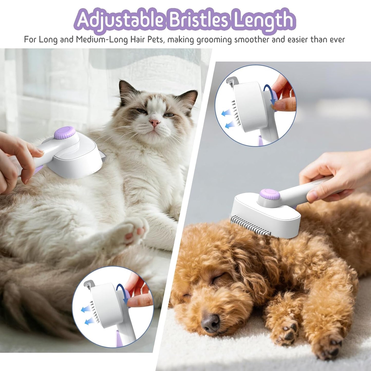 Self Cleaning Slicker Brush, 2-in-1 Cat Brush for Shedding, Skin Friendly Grooming Tool for Long & Medium-Long Hair Pets, Adjustable Bristle Length with Dematting Comb for Cats, Dogs (Purple)