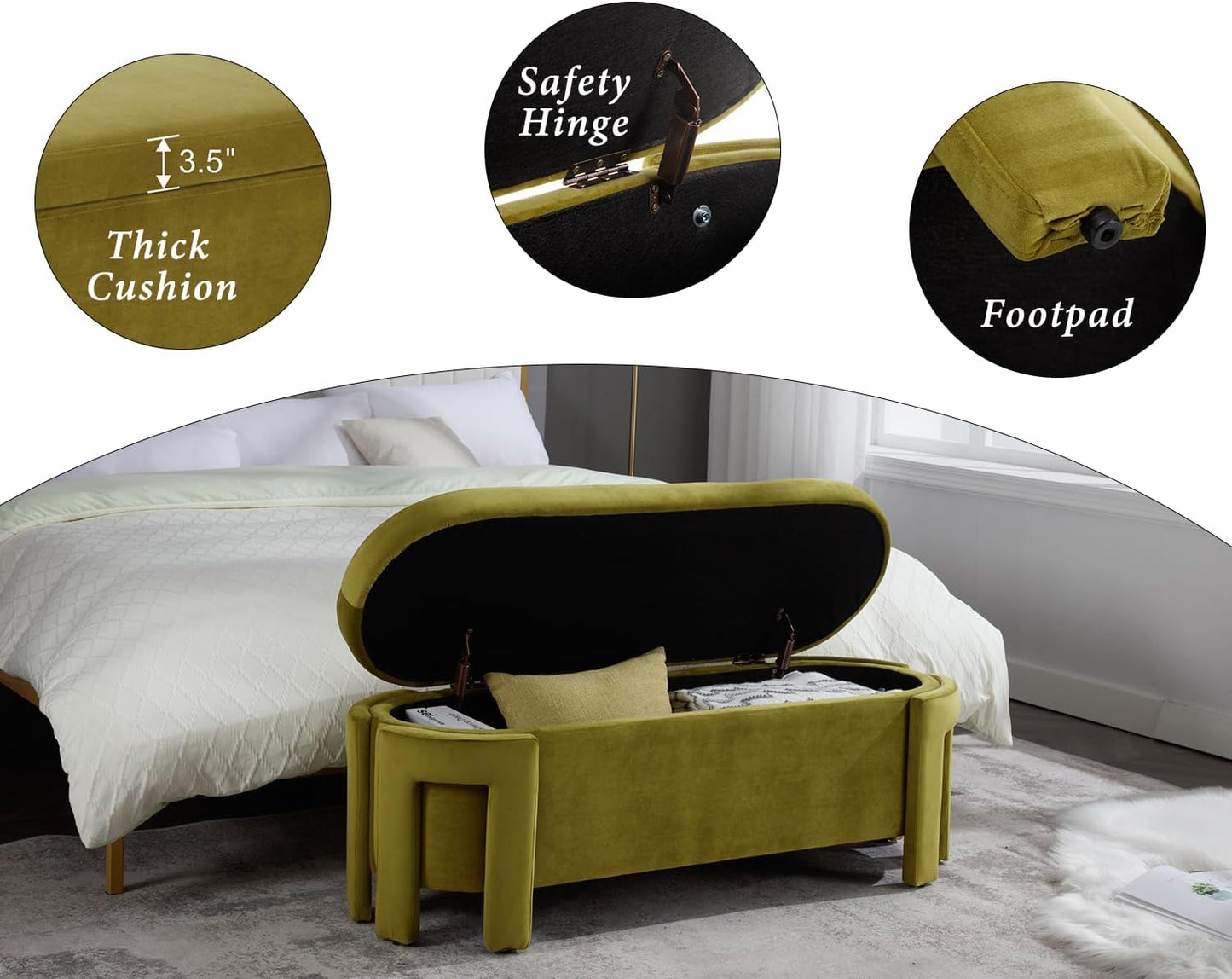 Kmax 50" Storage Ottoman Bench Modern Velvet Entryway Bench Comfy Upholstered End of Bed Bench for Hallway Entrance Bedroom Corner, Olive Green