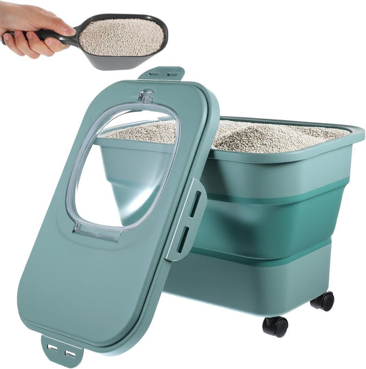 Collapsible Cat Litter Storage Bin Container with Airtight Lids, Portable Cat Litter Storage Container with Wheels, Kitchen Cereal Rice Leakproof Sealable