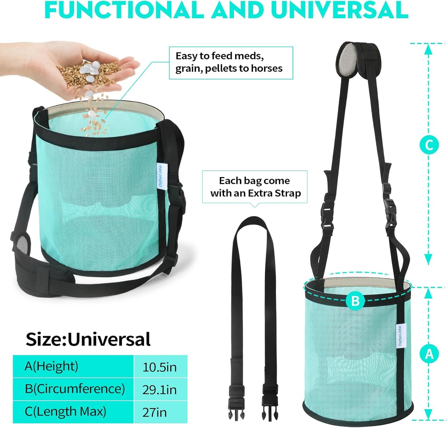 Horse Feed Bag 2 Pcs, Mesh Feed Bags for Horses, Muzzle Feedbag for Feeding Grain, Anti-Spill Design Feeder, Soft Neck Pad Nose Pad, Universal Fit (Mint, Pack of 2)