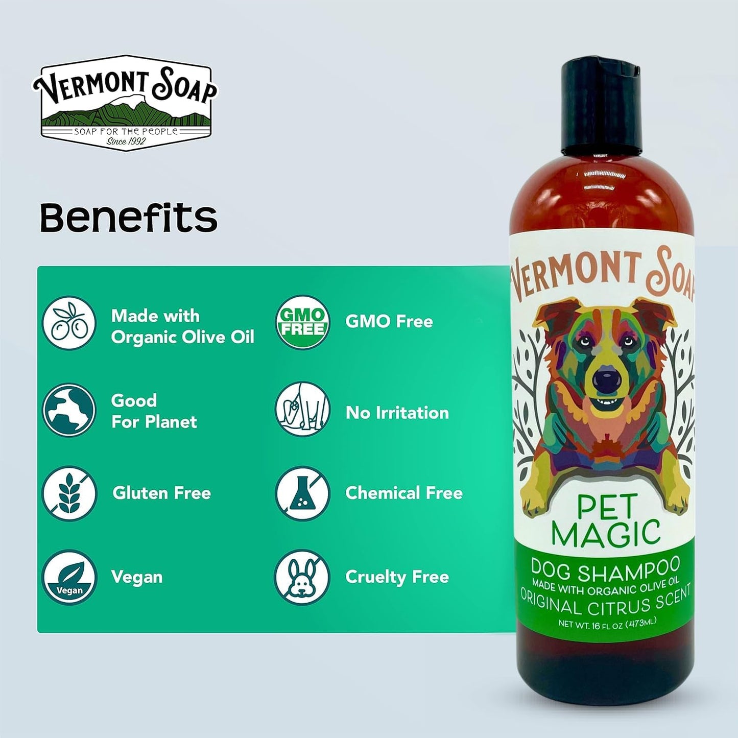 Vermont SOAP Organics Pet Shampoo - Infused with Organic & Natural Olive Oil, Coconut & Aloe Vera Dog Shampoo for Sensitive Skin - USDA Certified Grooming Pet Shampoo - Original Citrus (16oz)