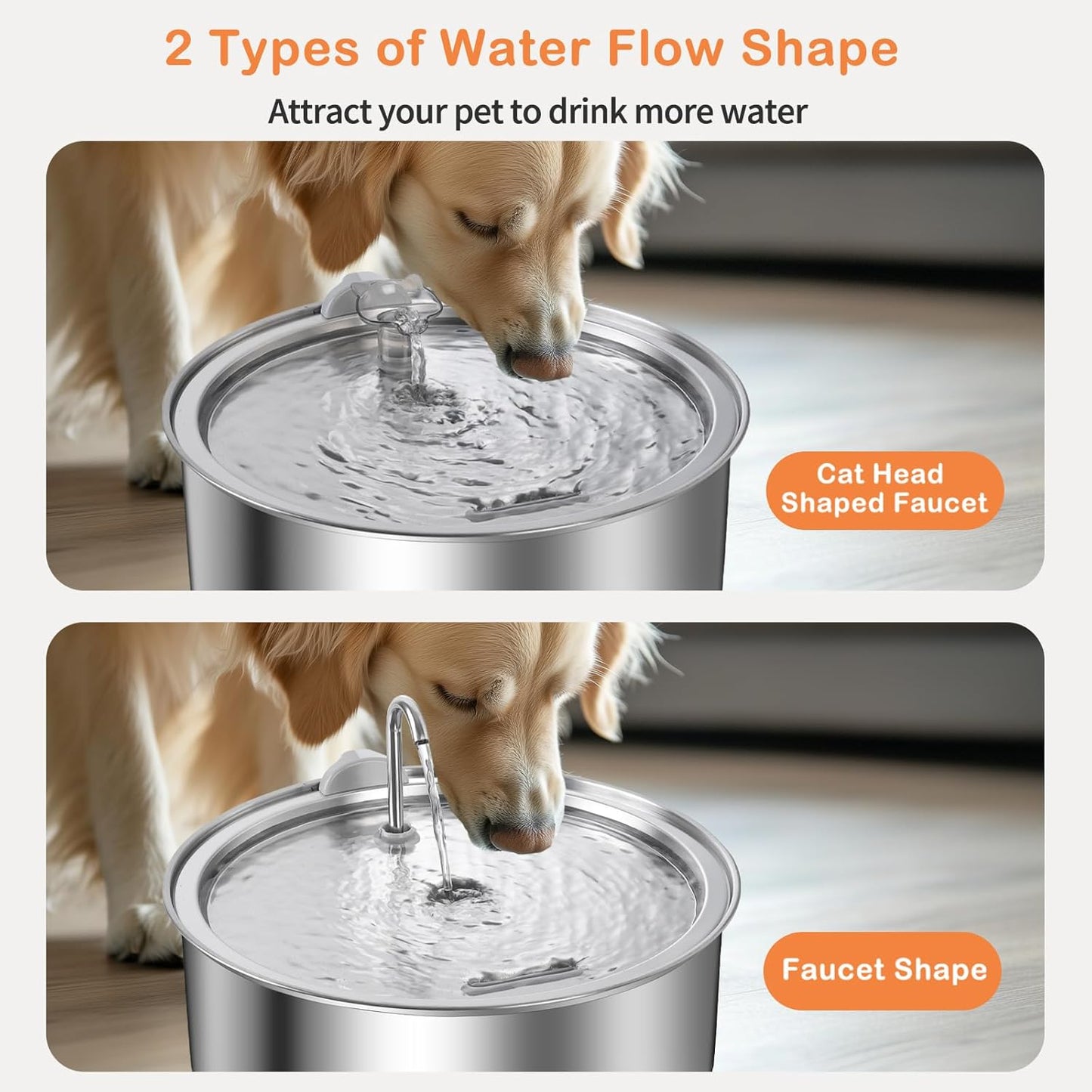 8L/2.1G Dog Water Fountain for Large Dog, Dreamocean Dog Water Bowl Dispenser Stainless Steel Pet Water Fountain, Water Dispenser for Dogs with 2 Ultra Quiet Pump for Multiple Pets with 12 Filters