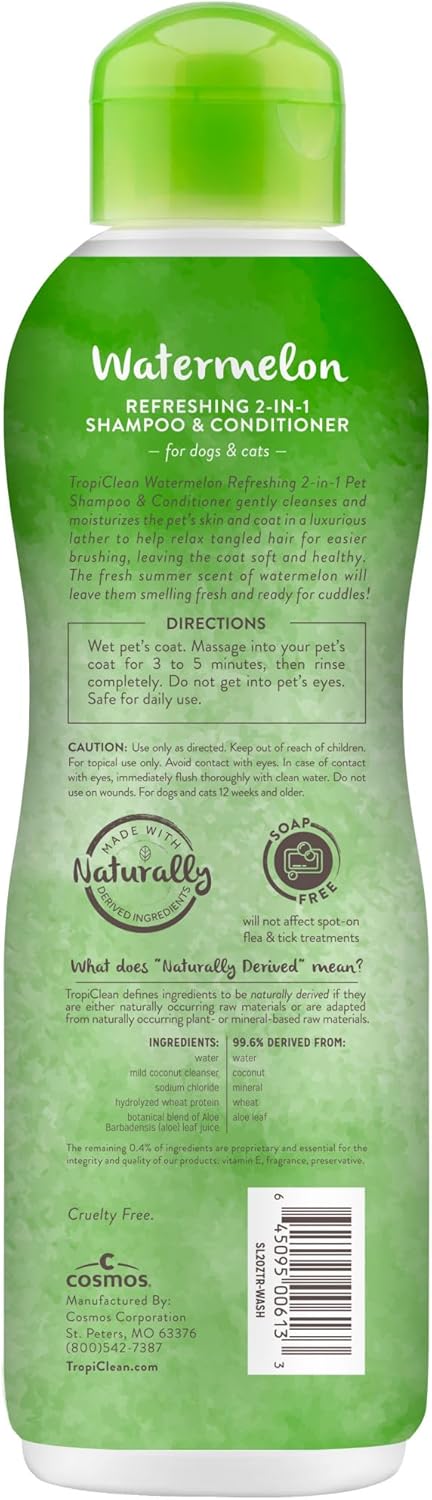 TropiClean Watermelon Refreshing 2-in-1 Cat & Dog Shampoo and Conditioner | Cat & Dog Bath Supplies | 20 oz | Made in The USA