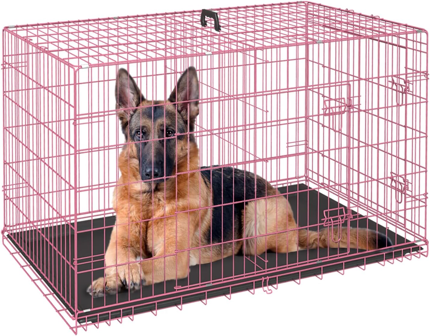FDW Dog Crate for Large Dogs 48 Inch Folding Metal WirePet Cage Double Door W/Divider Panel Indoor Outdoor Kennel Leak-Proof Plastic Tray,Pink