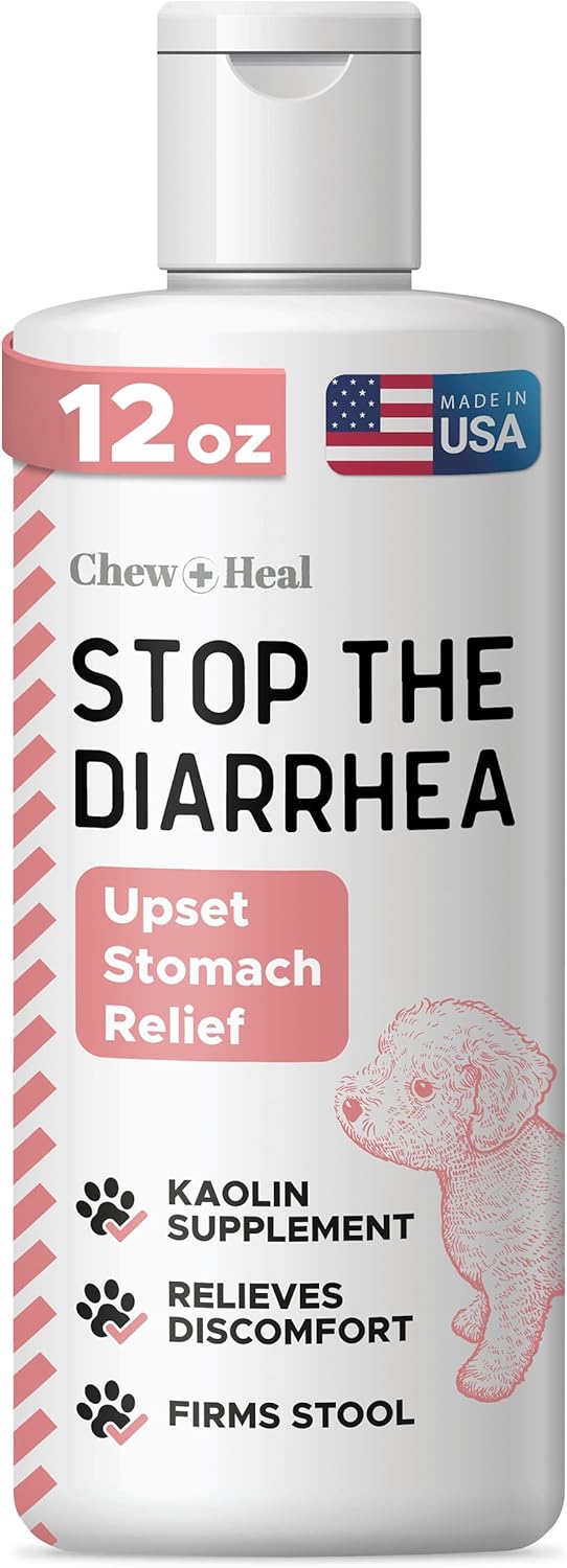 Chew + Heal Labs Anti Diarrhea for Dogs - 12 oz. of Stop The Diarrhea Liquid Supplement with Kaolin for Upset Stomach Relief - Made in The USA