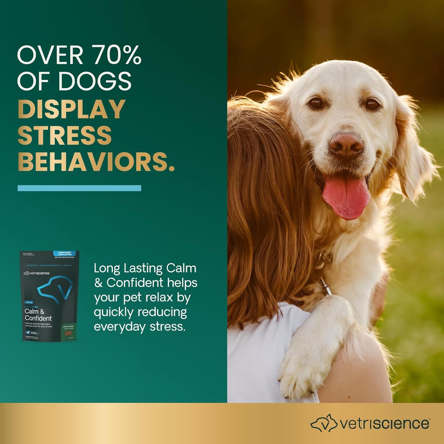 VetriScience Long Lasting Calm & Confident Calming Chews for Dogs, Supplement for Stress Support, Thunderstorms, Fireworks, & Travel, Chicken, Soft Chews, 90 Count - New Look