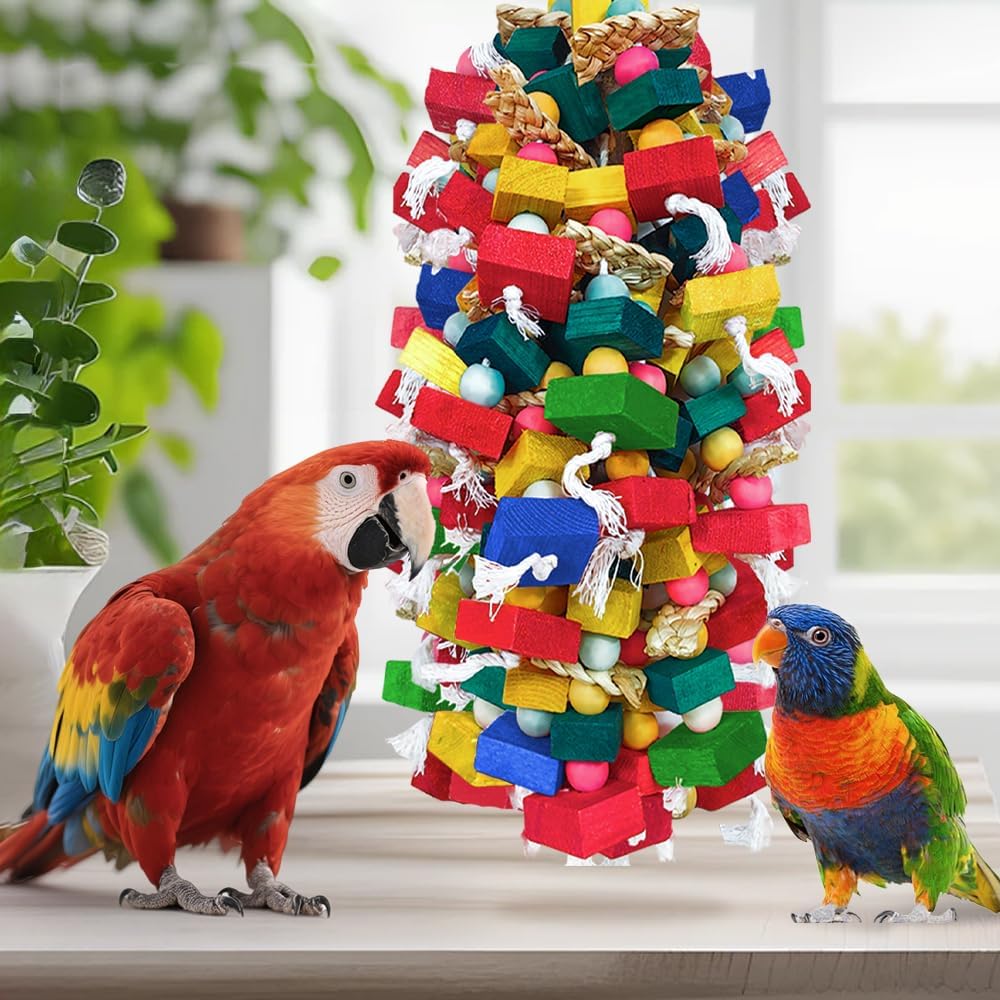 Extra Large Bird Toys for Macaws Cockatoos Amazons Chew - Natural Wood Parrot Chewing Toy with Foraging, Bird Cage Activity Center