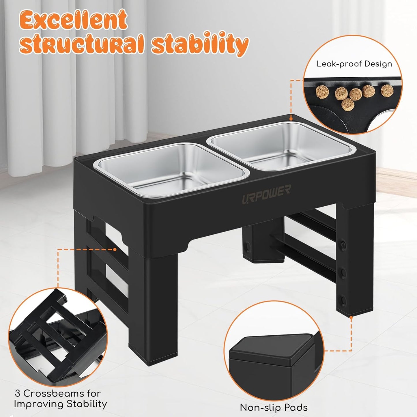 URPOWER Elevated Dog Bowls 4 Height Adjustable Raised Stand with 2 Large Stainless Steel Dog Food and Water Bowl for Small, Medium, Large Dogs and Pets
