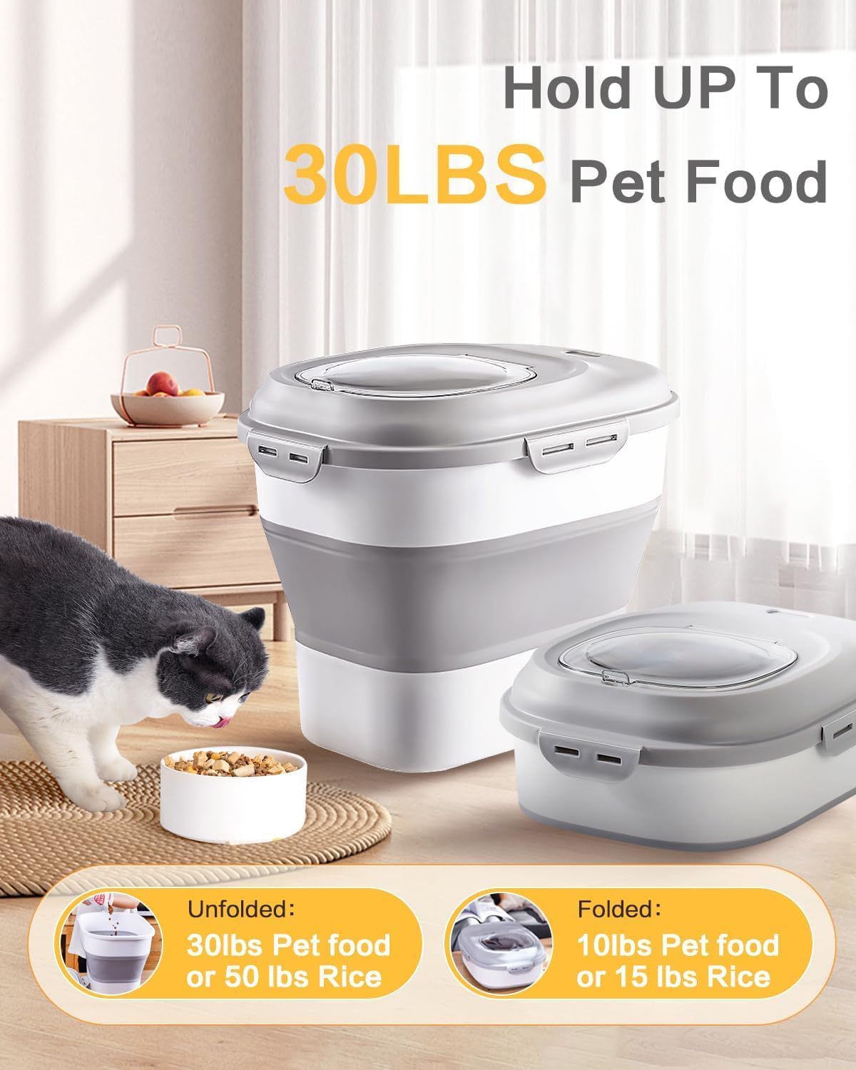 ANVS 2 Pack Dog Food Storage Container - Collapsible Dog Food Container with Airtight Lids, Scoop and 2.5L Small Pet Food Storage Container Dry Food For Dog, Cat and Other Pet Food (Grey, 30lbs)