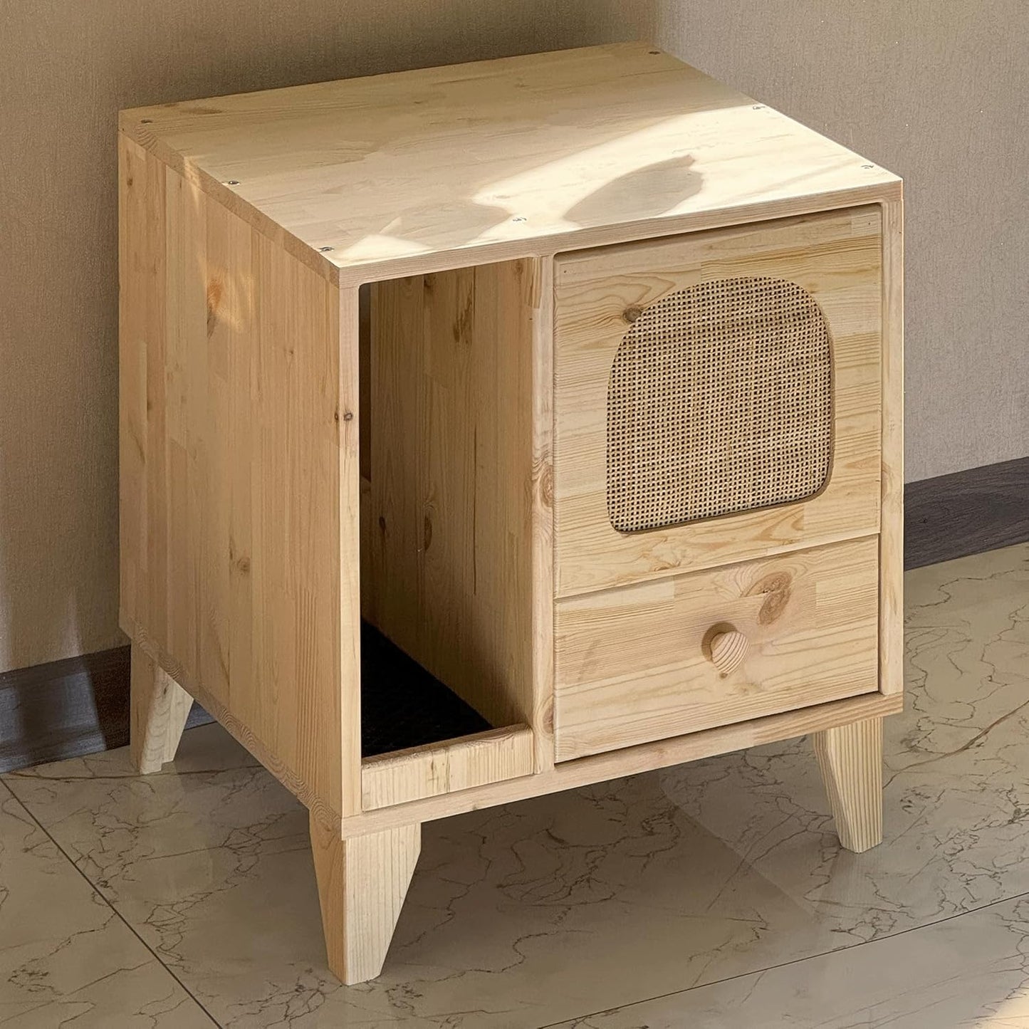 Cat Litter Box | Hidden Litter Box Furniture with Removable Divider | Wooden Cat Washroom Furniture | Indoor Cats House (Natural)
