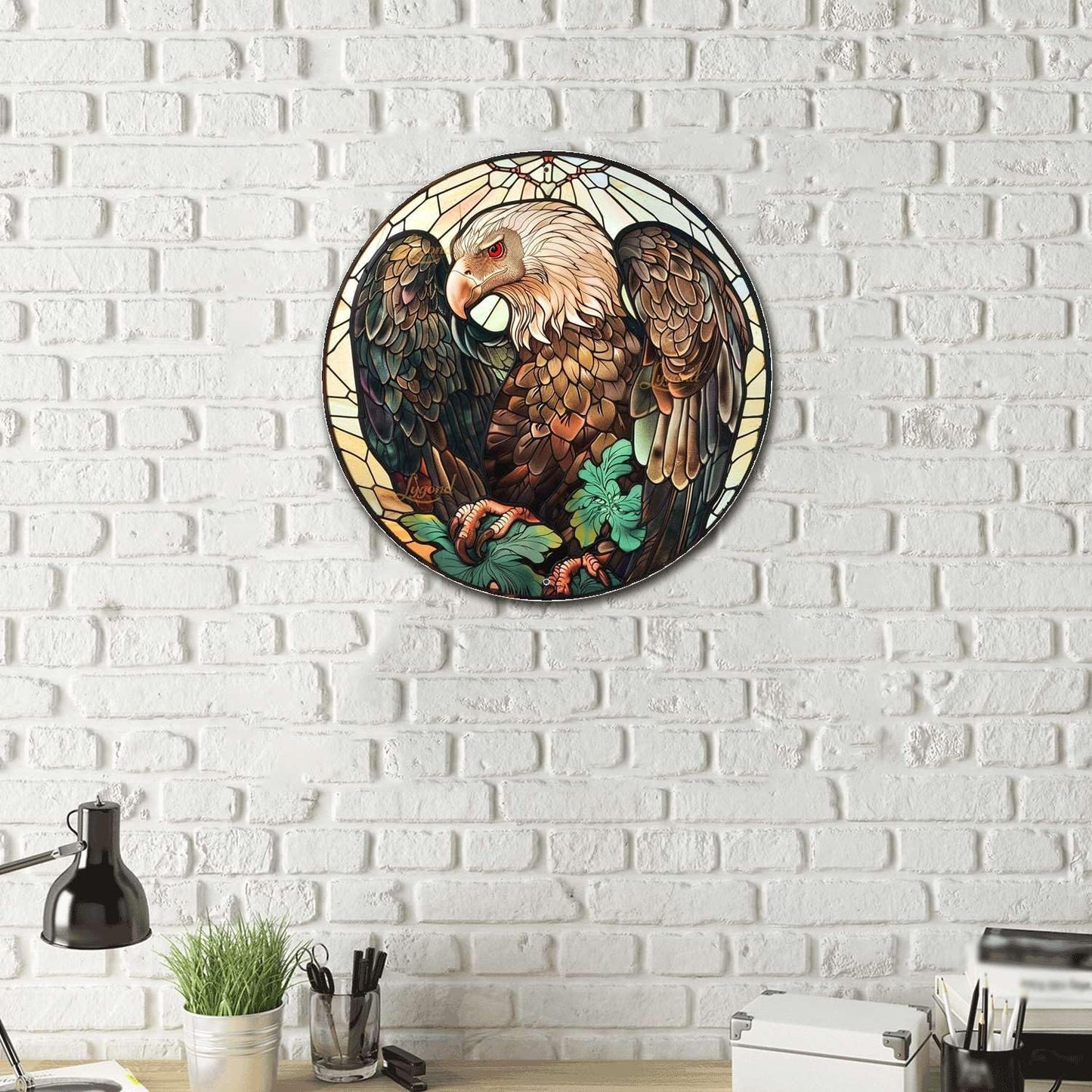 Lygond Metal Sign Tin Sign Circular Stained Glass Vulture Vintage Decor for Patio 8×8 Inches