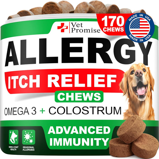 Dog Allergy Relief Chews - 170 Dog Allergy Chews - Itch Relief for Dogs - Anti Itch for Dogs - Dry & Itchy Skin - Allergies & Immune Support Supplement, Omega 3 Fish Oil, Colostrum - Made in USA