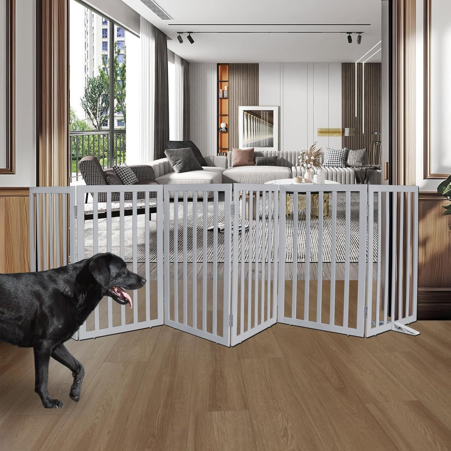 ZJSF Freestanding Indoor Dog Gate for House Foldable Wood Puppy Gate for Doorways Pet Gate for Stairs Extra Wide Pet Fence, Grey, 32" Height 6 Panels