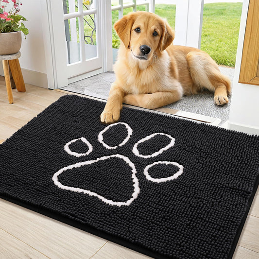 Smiry Dog Door Mat for Muddy Paws, Absorbent Dirt Trapper Non Slip Quick Dry Washable Chenille Mat for Mud Dogs, Entry Rug for Indoor and Outdoor (36x24 Inches, Black)