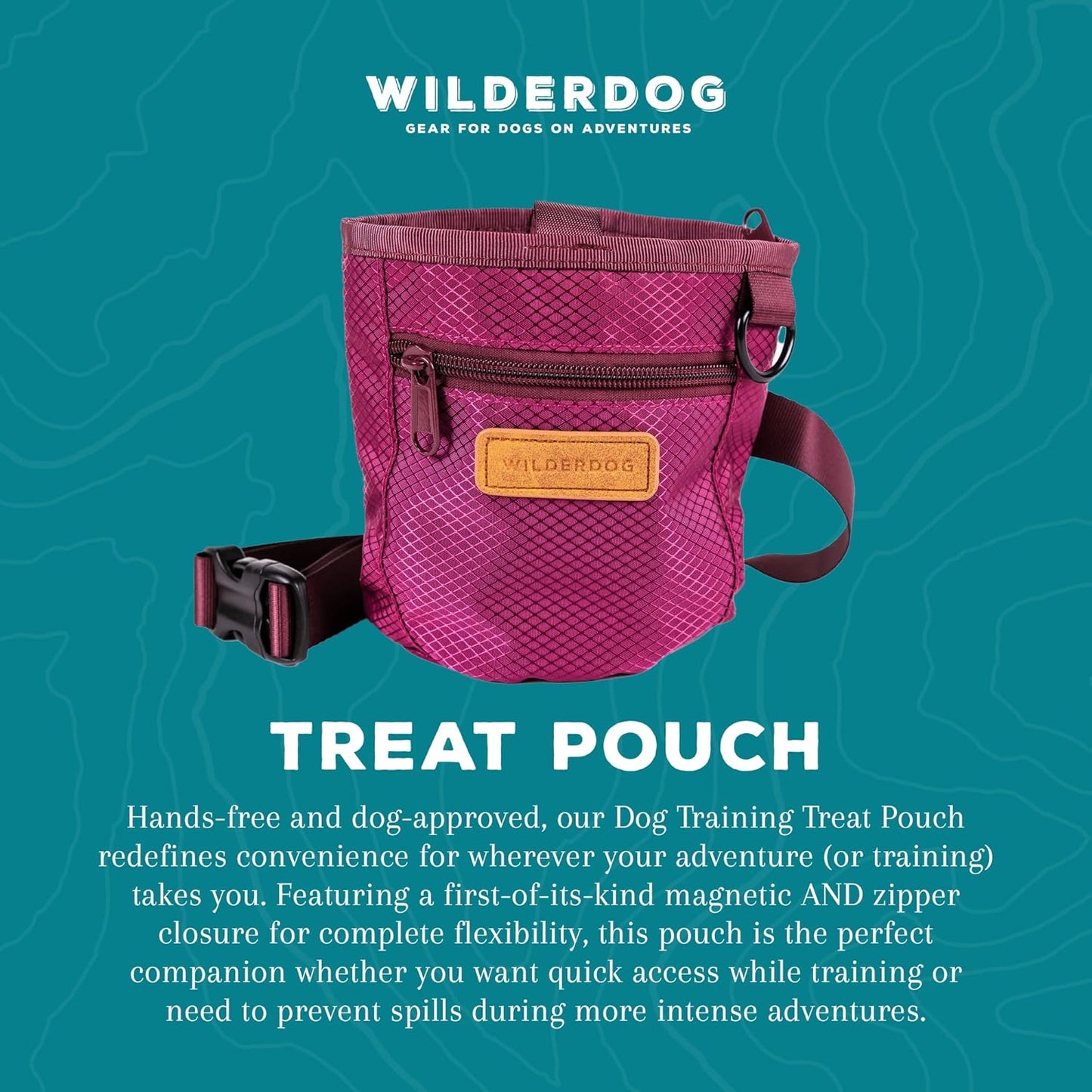 Wilderdog Dog Training Treat Pouch with Magnetic and Zipper Closure, Carabiner Attached, Adjustable Waist Strap - Magenta