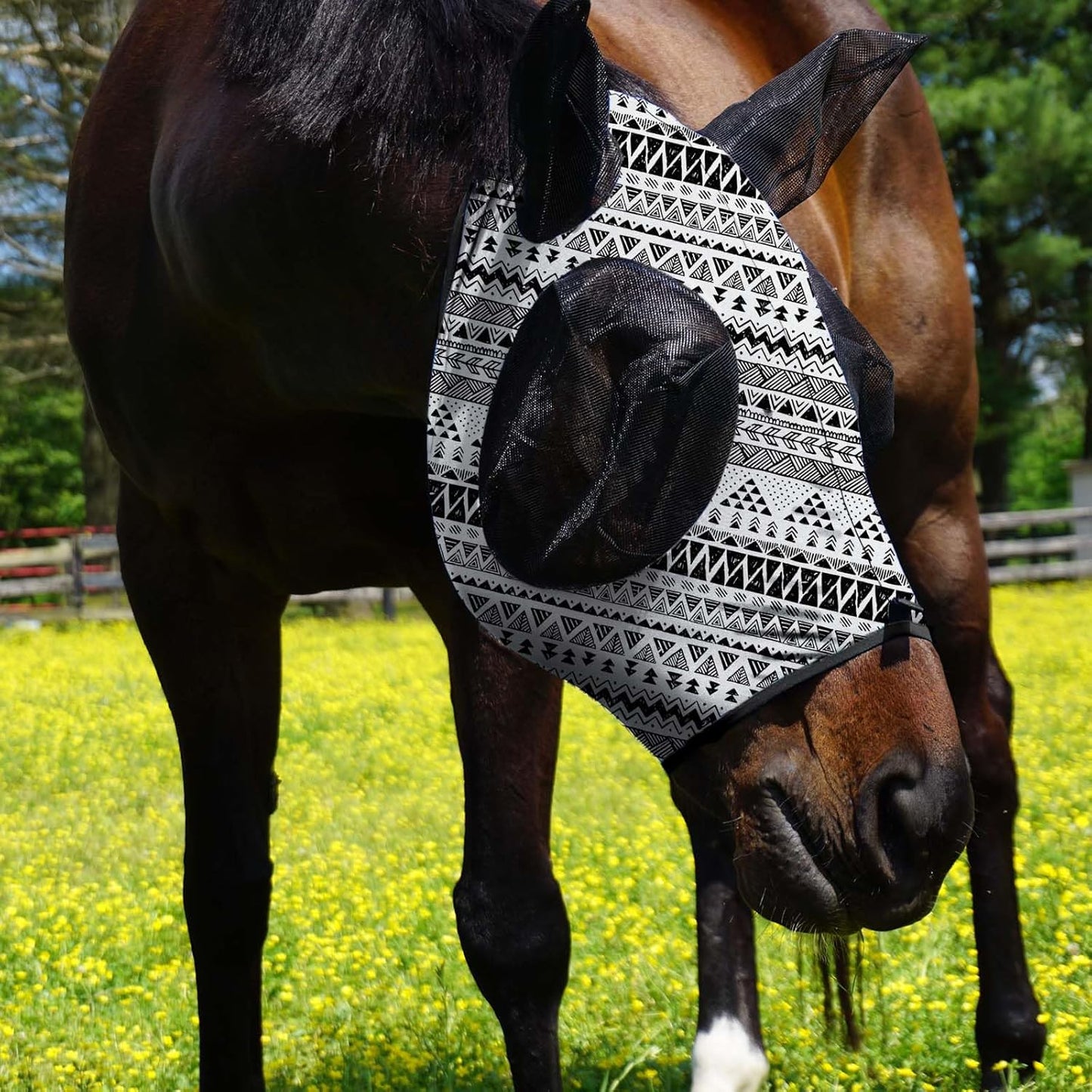 Harrison Howard Super Comfort Stretchy Fitting Horse Fly Mask with UV Protection Soft on Skin with Breathability Doodle Aztec Extra Full