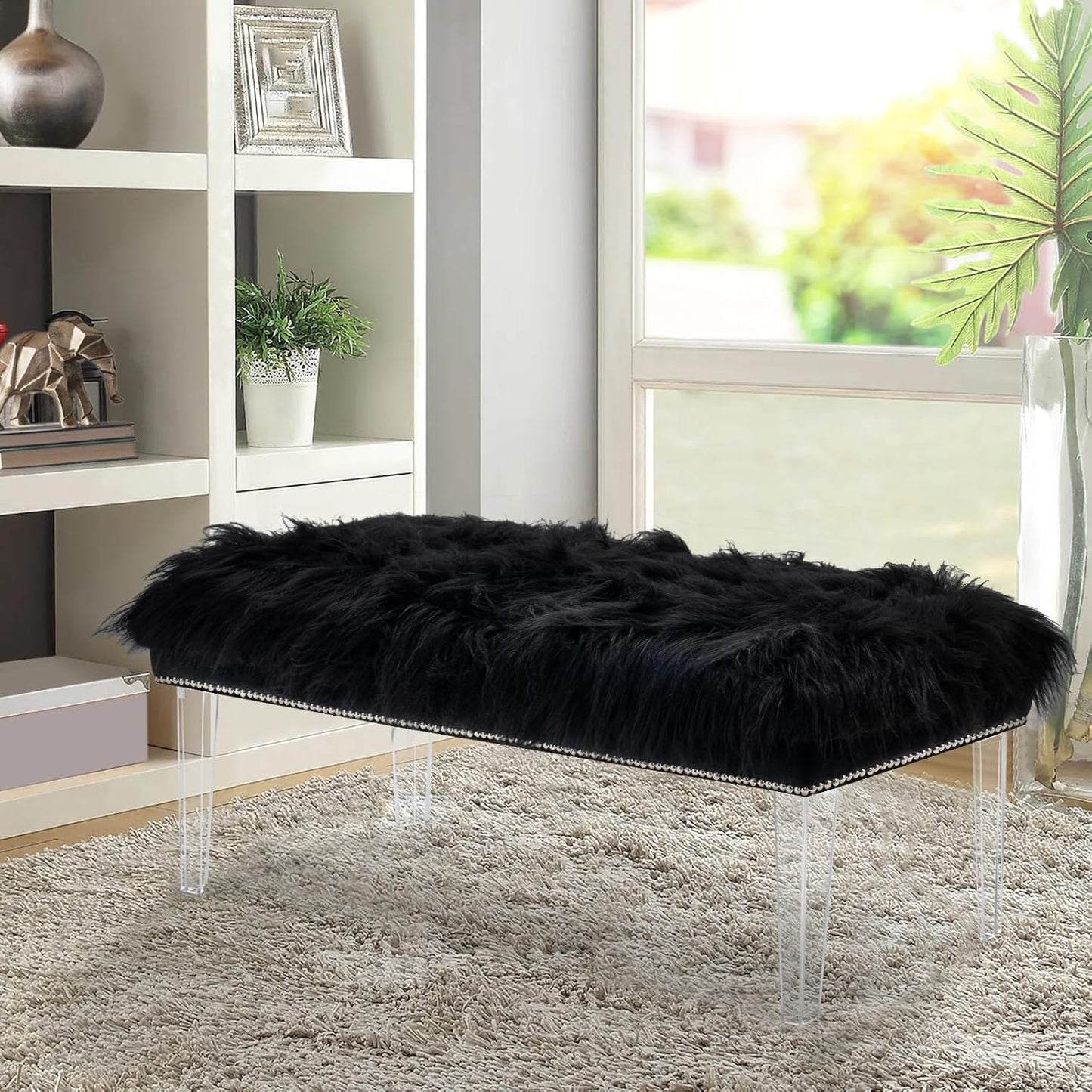 46 Inch Black Bedroom Bench, Benches for Bedroom White Faux Fur Upholstered Bed end Bench, Tufting Bench Indoor Bench with Acrylic Legs for Living Room Bedroom Dining Room Entryway, Black
