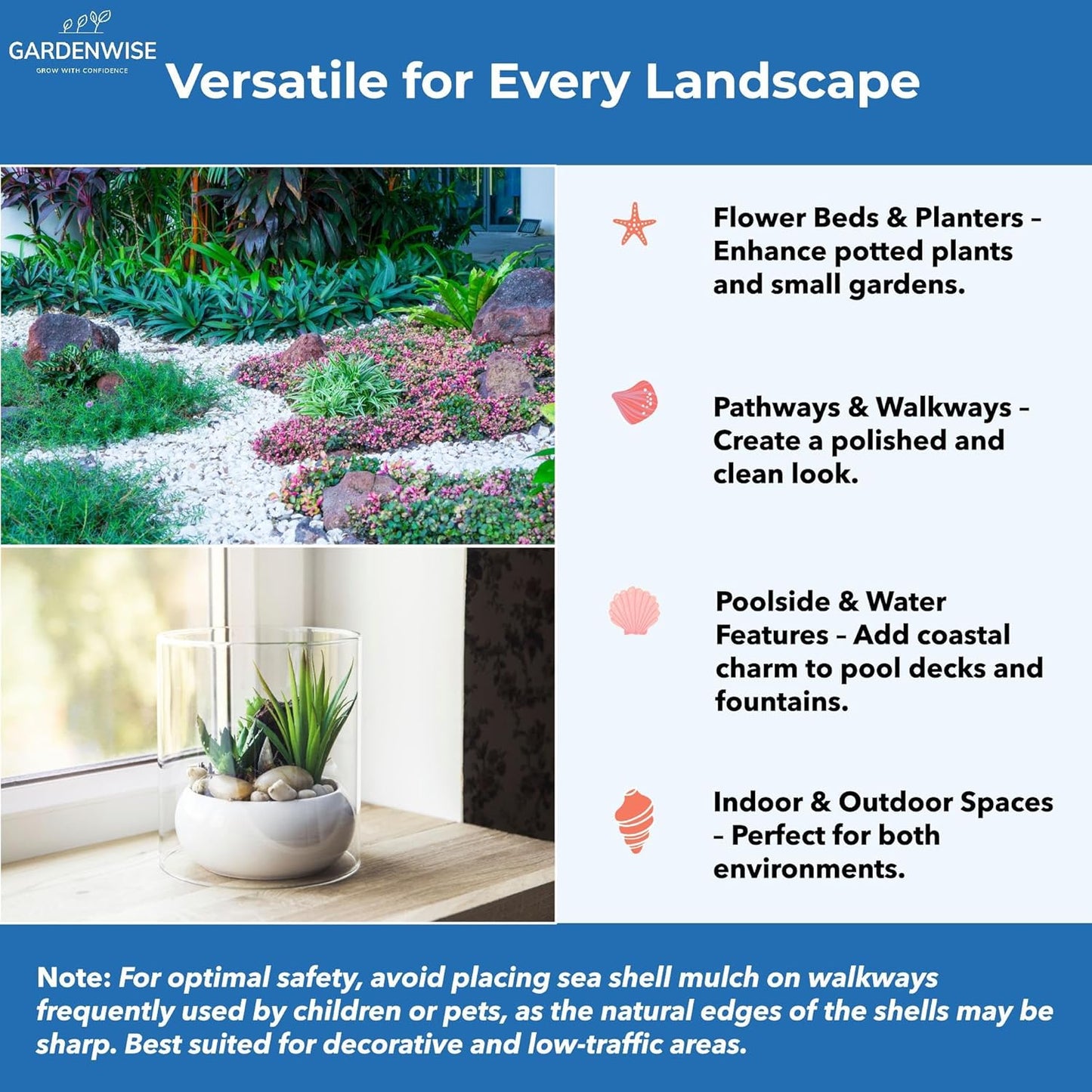 Natural Organic Sea Shell Mulch for Gardens and Landscaping – Decorative and Nutrient-Rich, 0.5–3-Inch Shells, Perfect for Indoor and Outdoor Use(1 CF - 28 L - 30 QTS)