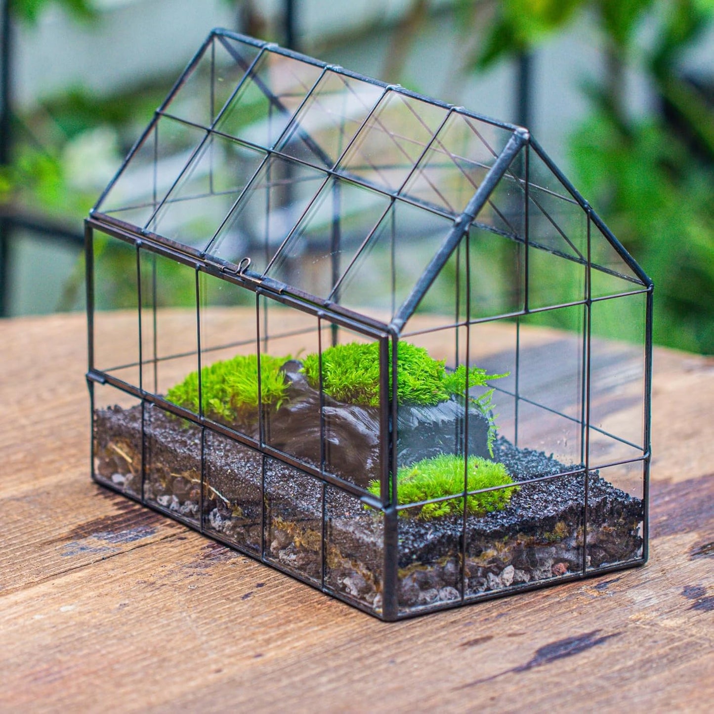 NCYP Geometric Glass Terrarium with Front Opening Door, House Shape Closed Micro Landscape Planter Box for Small Succulent, Cacti - Home Indoor Tabletop Decor, Handmade, Black (No Plants)