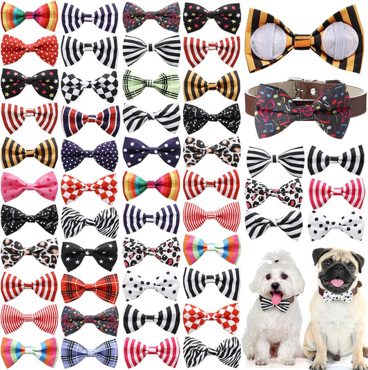 Reginary 50 Pieces Dog Bow Ties Pet Collar Bow Puppy Collar Attachment with Rubber Bands for Small Medium Cat Pet Grooming Charms Accessories Wedding Birthday Occasion(Stripe Style)