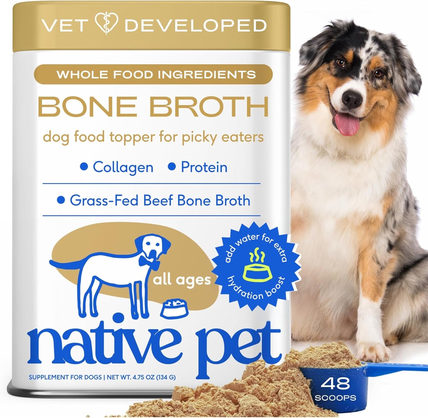 Native Pet Bone Broth for Dogs - Made with Real Beef Bone Broth, Dog Food Toppers for Picky Eaters - Provides Extra Hydration & Nutrition for Joint Strength, Immunity & Heart Health-48 Scoops