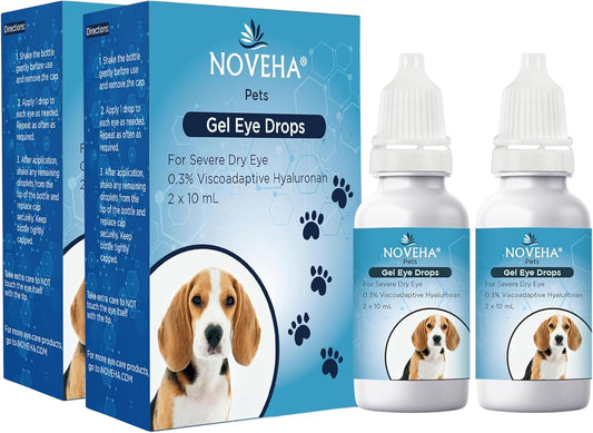 NOVEHA Pet Gel Eye Drops with 0.3% Viscoadaptive Hyaluronan | Eye Solution for Severe Dry Eyes - Long Lasting Hydration, Reduces Nuisance, Swelling & Dryness - Eye Lube for Dog and Cats (2PK - 2x10mL)