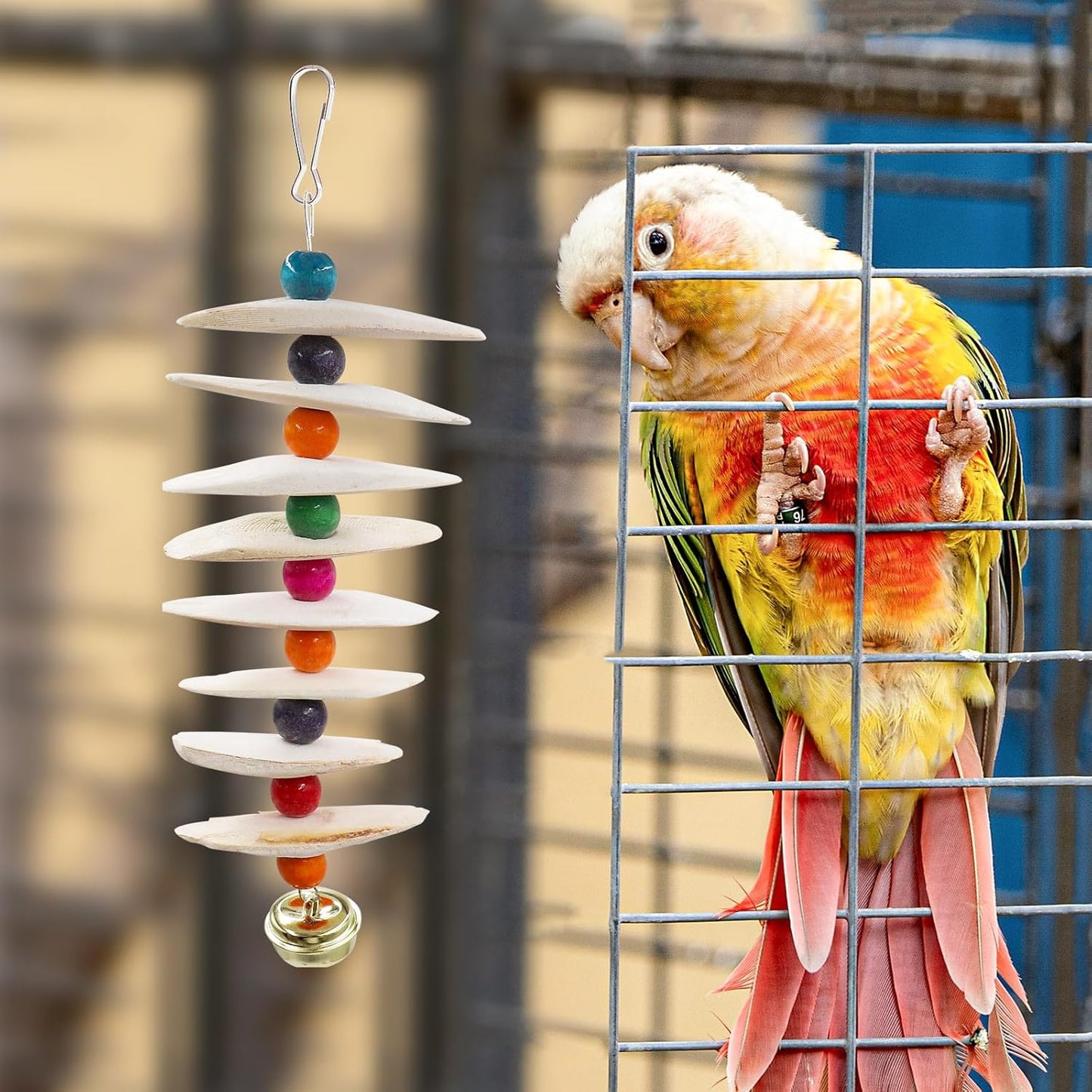 2 Pack Bird Toys with Cuttlebone, Parakeet Toys, Bird Beak Grinding Stone, Cage Accessories for Parakeets, Cuttlefish Bone for Budgies, Cockatiels, Lovebirds, Green Cheeks, Small to Medium Birds