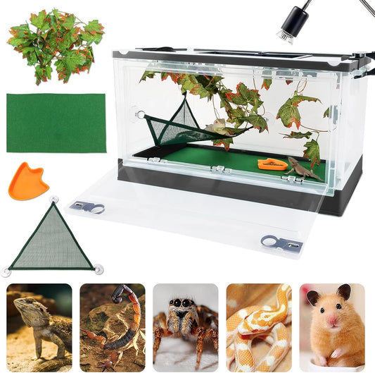 Travel Portable Foldable Terrarium Kits for Reptiles -Heat-Resistant Material, Easy to Move with Wheels, Includes Plant, Feeding Bowl, and Carpet for Snakes, Lizards, Tortoises, and Leopard