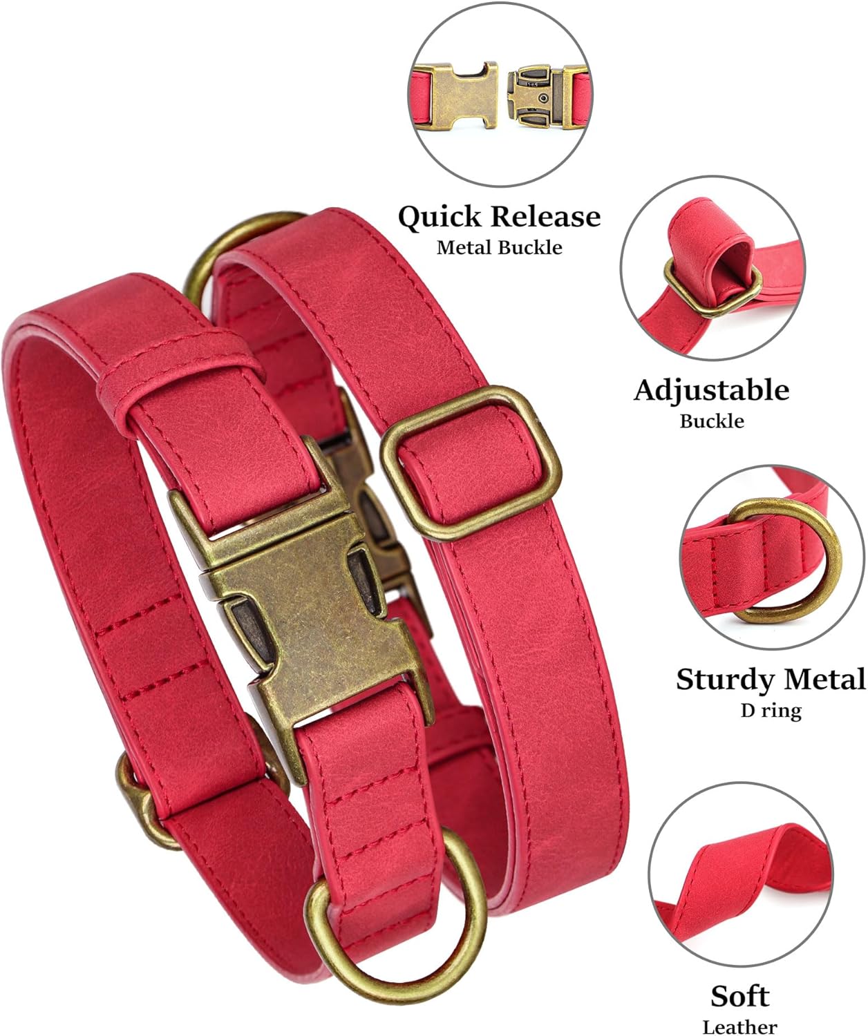 Didog Soft PU Leather Dog Collar, Stylish Quick Released Dog Collars for Small Dogs, Easy Clean Adjustable Pet Collar for Daily Walking, Red, S Fit 10-16" Neck
