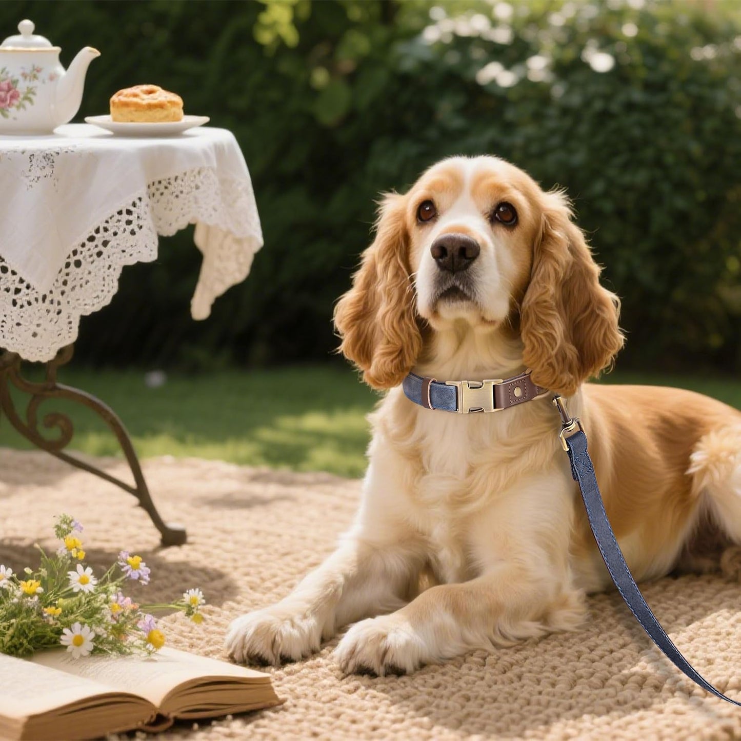 Didog Soft PU Leather Dog Collars for Medium Dogs,Classic Adjustable Dog Collars with Quick Release Metal Buckle,Easy Clean and Comfortable with Nylon Lining,Blue,M Neck 13-19"