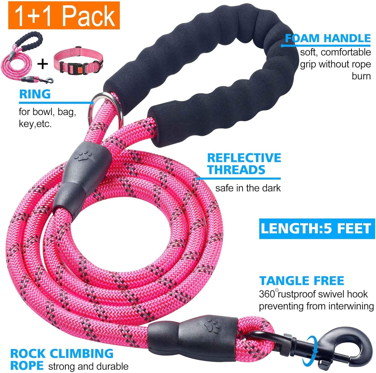 Heavy Duty Dog Leash - Comfortable Padded Handle, 5 ft Long - Dog Leashes for Small Medium Large Dogs (Leash+Collar XS Neck 10.5"-13.5", Pink)