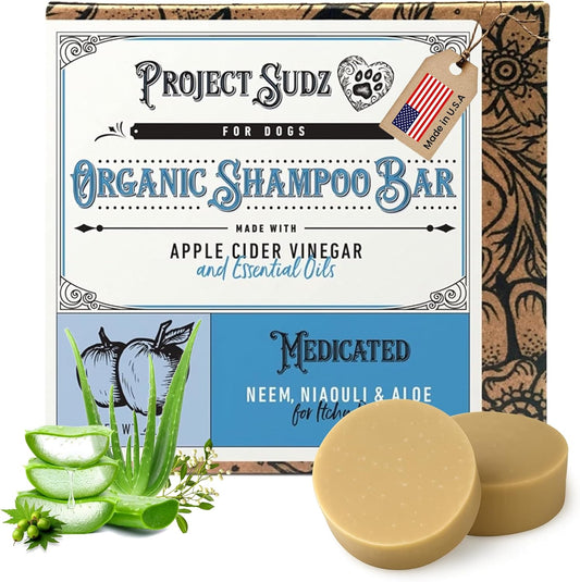 Medicated Organic Dog Shampoo Bar for Hot Spots, Dry Coat, and Allergies, All Natural Dog Shampoo with Neem, Aloe, and ACV, Eco-Friendly, Vet Recommended, 2 Bars for Sensitive Skin Relief