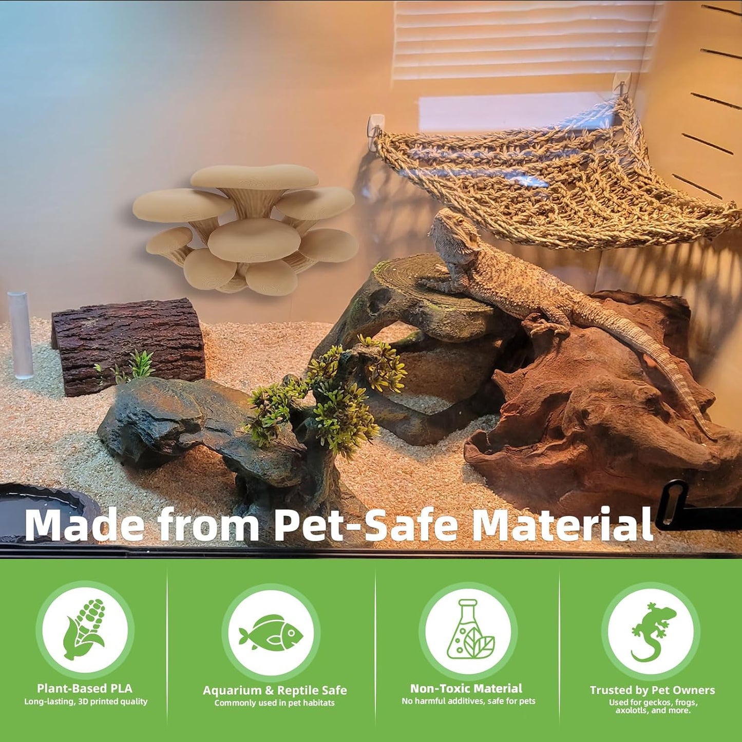 Mushroom Decor for Reptile Tank, Fish Tank, Pet-Safe Bearded Dragon Tank Accessories, Realistic Terrarium Plants for Leopard Geckos, Crested Geckos, Tree Frogs, Snakes (Almond, Cluster Cap)