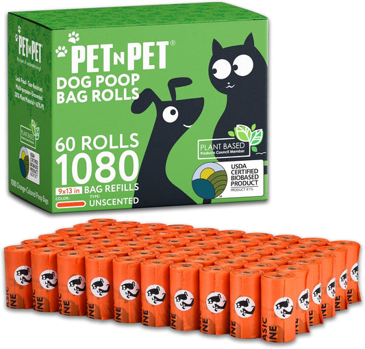 Pet N Pet 1080 Counts Orange Poop Bags for Dogs, 41% Plant Based & 59% PE Extra Thick Dog Poop Bags Rolls, 9" x 13", Unscented Pet Waste Bag