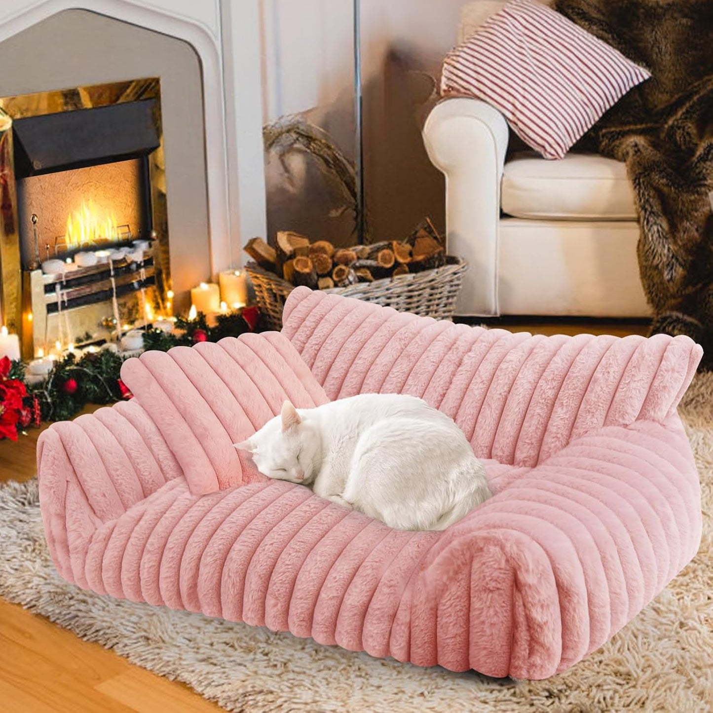 Cute Cat Couch Bed for Indoor Cats, Fluffy Pet Cat Sofa with Premium Soft Corduroy Fleece, Cute Small Dog Beds for Small Dogs, Fuzzy Puppy Chair with Removable Washable Cover (30x20x10,Pink)