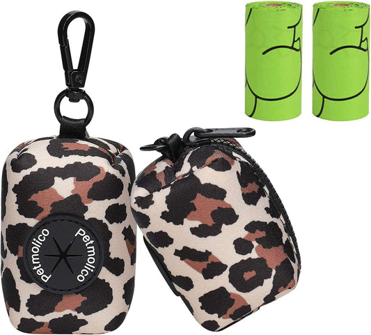 Petmolico Dog Poop Bag Holder Leash Attachment, Waste Bag Dispenser Zippered Pouch, Fits Any Leash, Includes Free Roll of Bags, 2 Pack - Leopard