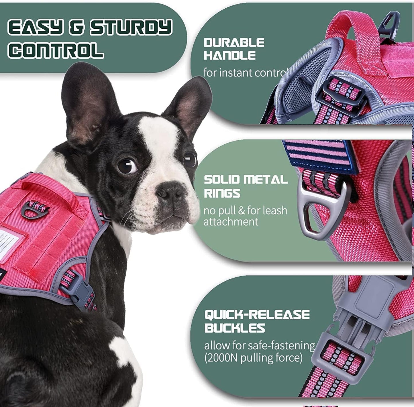 BUMBIN Tactical Dog Harness for Small Dogs No Pull, Famous TIK Tok No Pull Puppy Harness, Fit Smart Reflective Pet Walking Harness for Training, Adjustable Dog Vest Harness with Handle Rose Red XS